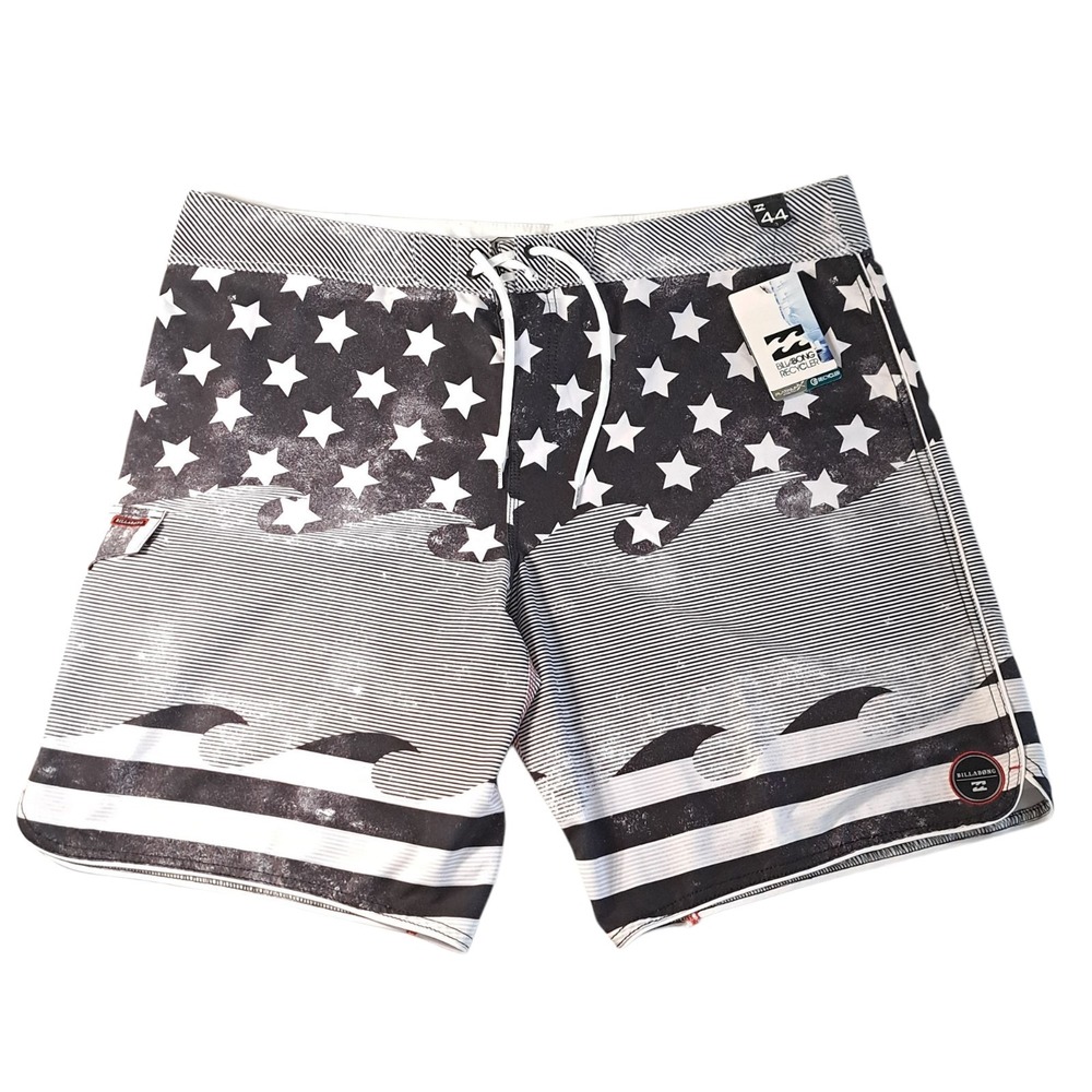 Billabong Platinum X Men's 44 PX3 Shorts Gray‎ Drawstrings Stars USA Flag